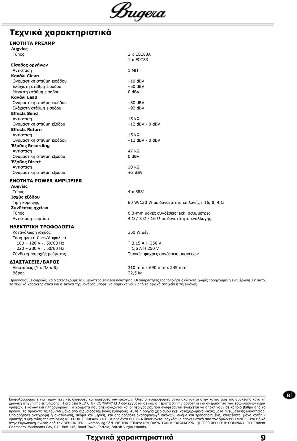 ECC83 1 MΩ 10 dbv 50 dbv 0 dbv 80 dbv 92 dbv 15 kω 12 dbv - 0 dbv 15 kω 12 dbv - 0 dbv 47 kω 0 dbv 10 kω +3 dbv ΕΝΟΤΗΤΑ POWER AMPLIFIER Λυχνίες Τύπος 4 x 5881 Ισχύς εξόδου Τιμή κορυφής 60 W/120 W με