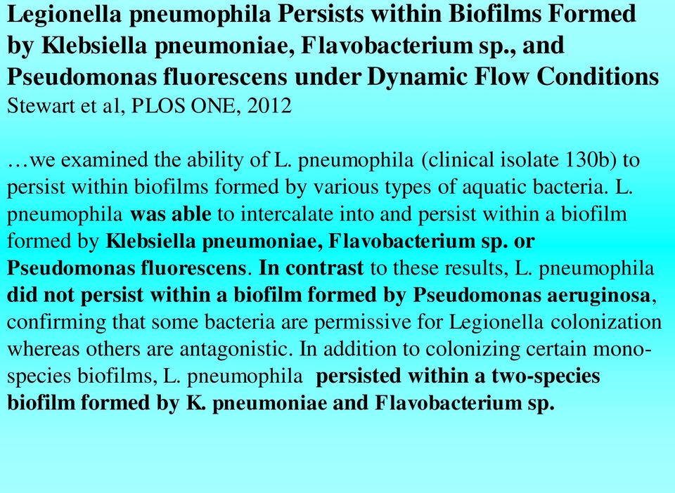 pneumophila (clinical isolate 130b) to persist within biofilms formed by various types of aquatic bacteria. L.