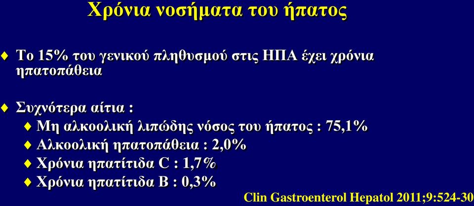 του ήπατος : 75,1% Αλκοολική ηπατοπάθεια : 2,0% Χρόνια ηπατίτιδα C :