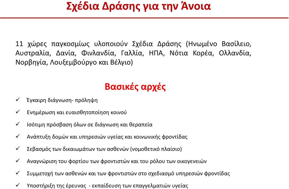 Ανάπτυξη δομών και υπηρεσιών υγείας και κοινωνικής φροντίδας Σεβασμός των δικαιωμάτων των ασθενών (νομοθετικό πλαίσιο) Αναγνώριση του φορτίου των φροντιστών