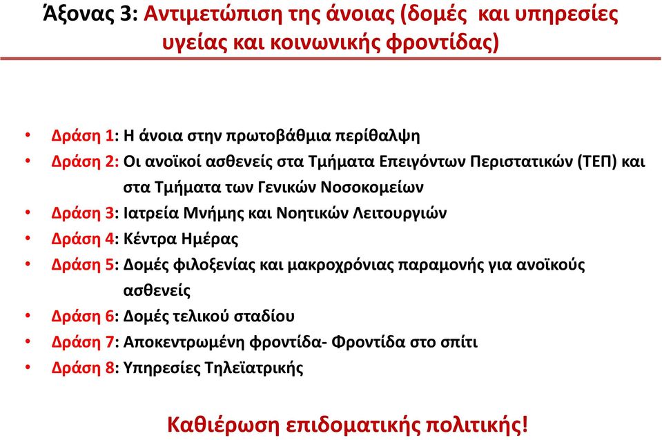 και Νοητικών Λειτουργιών Δράση 4: Κέντρα Ημέρας Δράση 5: Δομές φιλοξενίας και μακροχρόνιας παραμονής για ανοϊκούς ασθενείς Δράση 6: