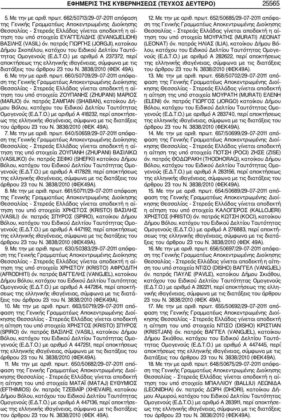 πατρός ΓΙΩΡΓΗΣ (JORGJI), κατοίκου Δήμου Σκοπέλου, κατόχου του Ειδικού Δελτίου Ταυτό τητας Ομ