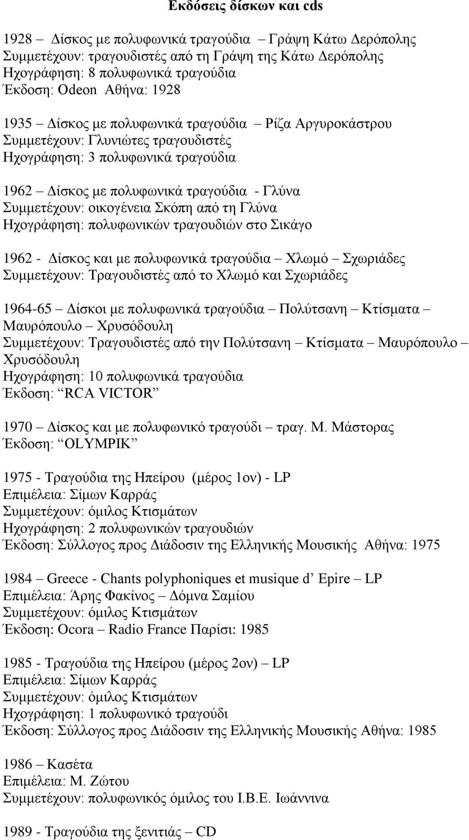 ηξαγνπδηώλ ζην ηθάγν 1962 - Γίζθνο θαη κε πνιπθσληθά ηξαγνύδηα Υισκό ρσξηάδεο πκκεηέρνπλ: Σξαγνπδηζηέο από ην Υισκό θαη ρσξηάδεο 1964-65 Γίζθνη κε πνιπθσληθά ηξαγνύδηα Πνιύηζαλε Κηίζκαηα Μαπξόπνπιν