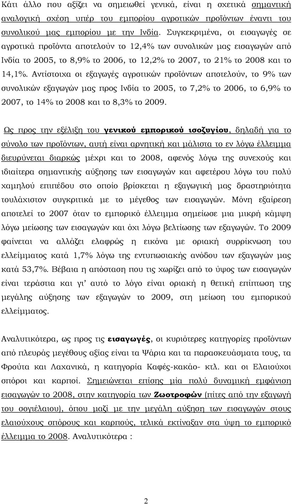 Αντίστοιχα οι εξαγωγές αγροτικών προϊόντων αποτελούν, το 9% των συνολικών εξαγωγών μας προς Ινδία το 2005, το 7,2% το 2006, το 6,9% το 2007, το 14% το 2008 και το 8,3% το 2009.