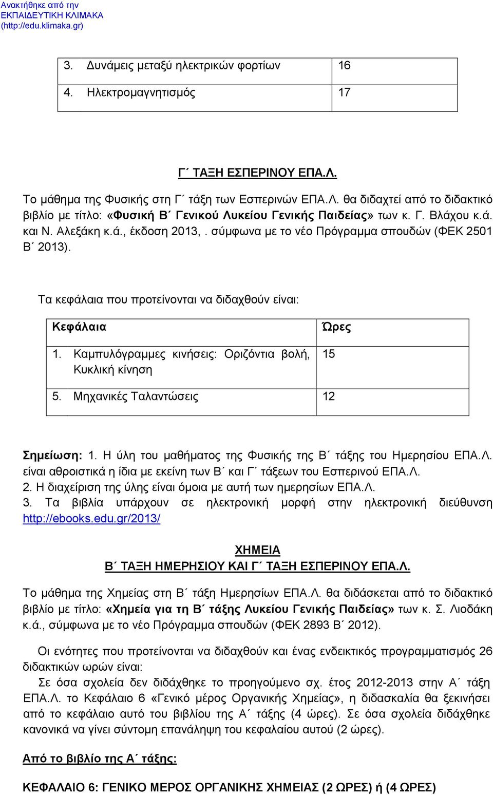 Καμπυλόγραμμες κινήσεις: Οριζόντια βολή, Κυκλική κίνηση Ώρες 15 5. Μηχανικές Ταλαντώσεις 12 Σημείωση: 1. Η ύλη του μαθήματος της Φυσικής της Β τάξης του Ημερησίου ΕΠΑ.Λ.