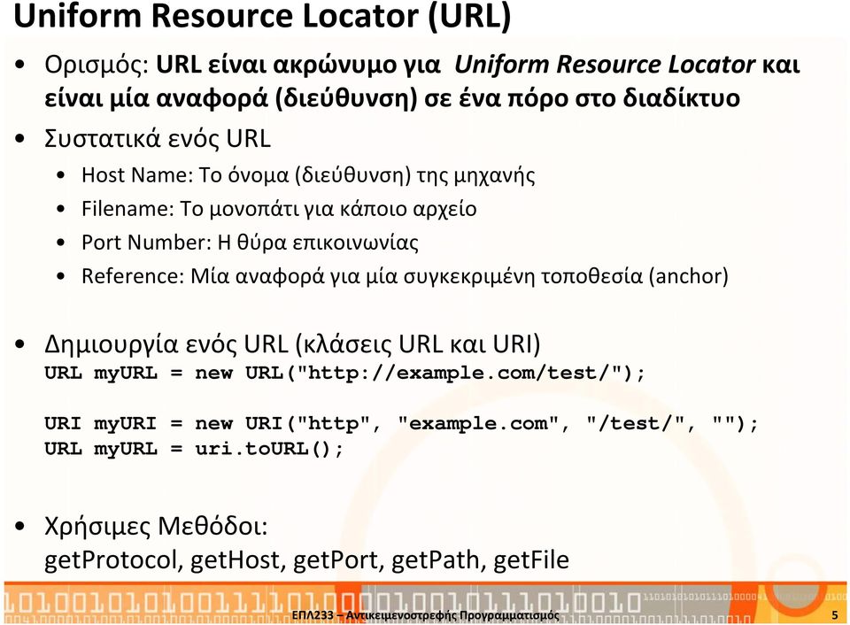 συγκεκριμένη τοποθεσία (anchor) Δημιουργία ενός URL (κλάσεις URL και URI) URL myurl = new URL("http://example.