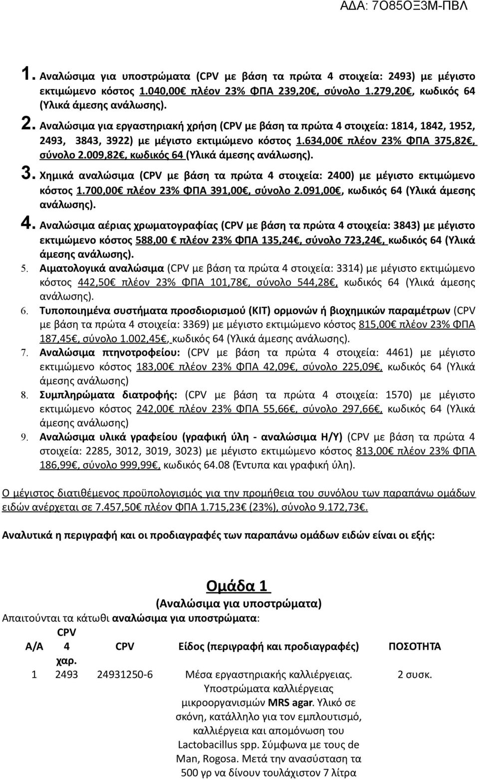 700,00 πλέον 23% ΦΠΑ 391,00, σύνολο 2.091,00, κωδικός 64 (Υλικά άμεσης ανάλωσης). 4.