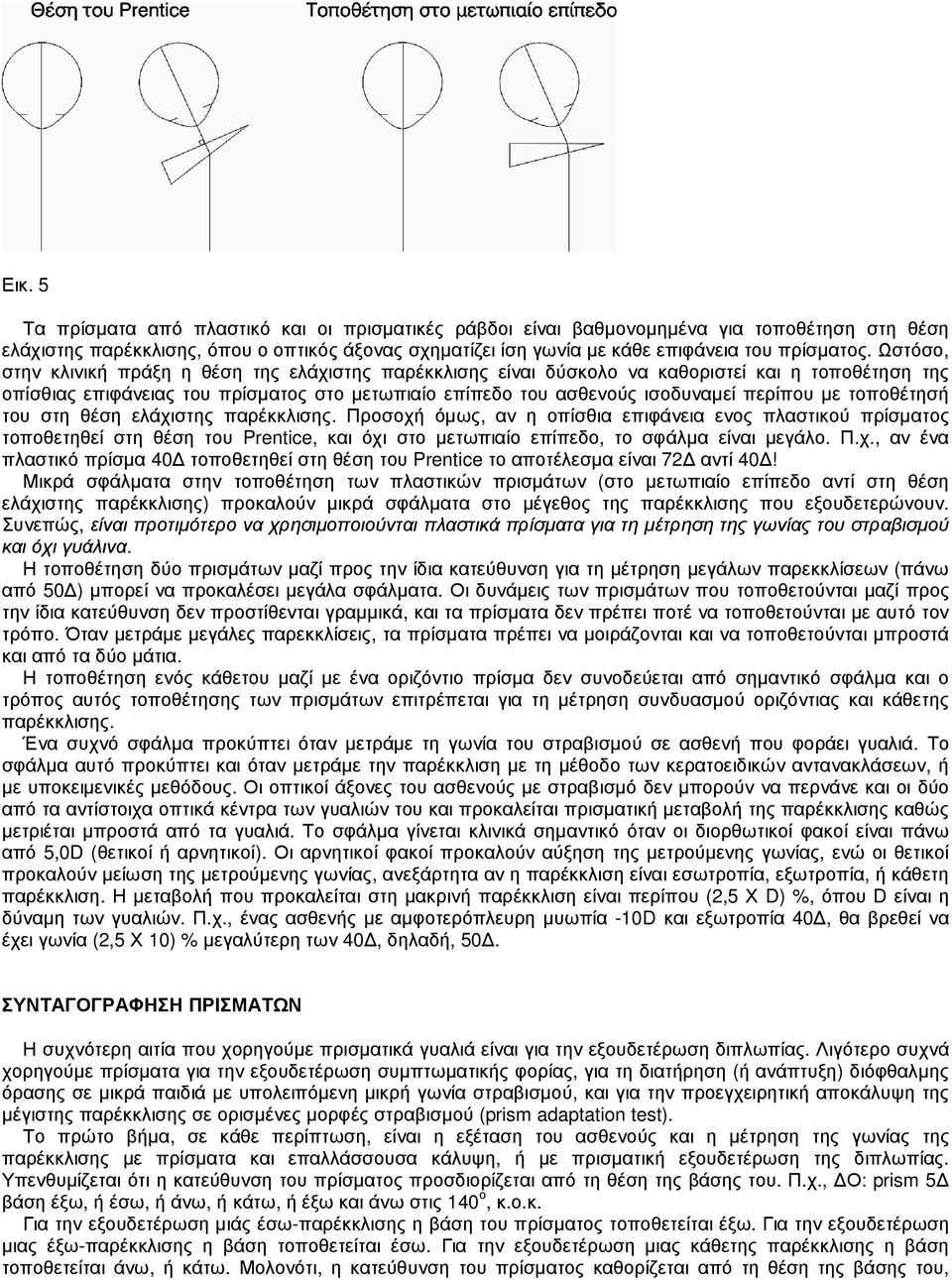 τοποθέτησή του στη θέση ελάχιστης παρέκκλισης. Προσοχή όµως, αν η οπίσθια επιφάνεια ενος πλαστικού πρίσµατος τοποθετηθεί στη θέση του Prentice, και όχι στο µετωπιαίο επίπεδο, το σφάλµα είναι µεγάλο.