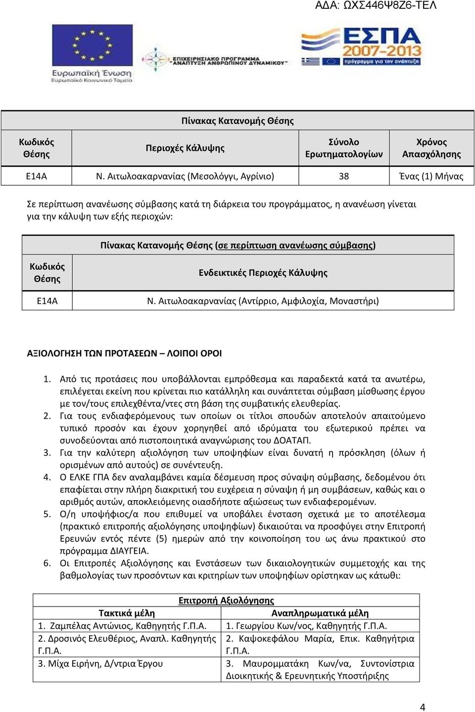 (σε περίπτωση ανανέωσης σύμβασης) Κωδικός Θέσης Ε14Α Ενδεικτικές Περιοχές Κάλυψης Ν. Αιτωλοακαρνανίας (Αντίρριο, Αμφιλοχία, Μοναστήρι) ΑΞΙΟΛΟΓΗΣΗ ΤΩΝ ΠΡΟΤΑΣΕΩΝ ΛΟΙΠΟΙ ΟΡΟΙ 1.