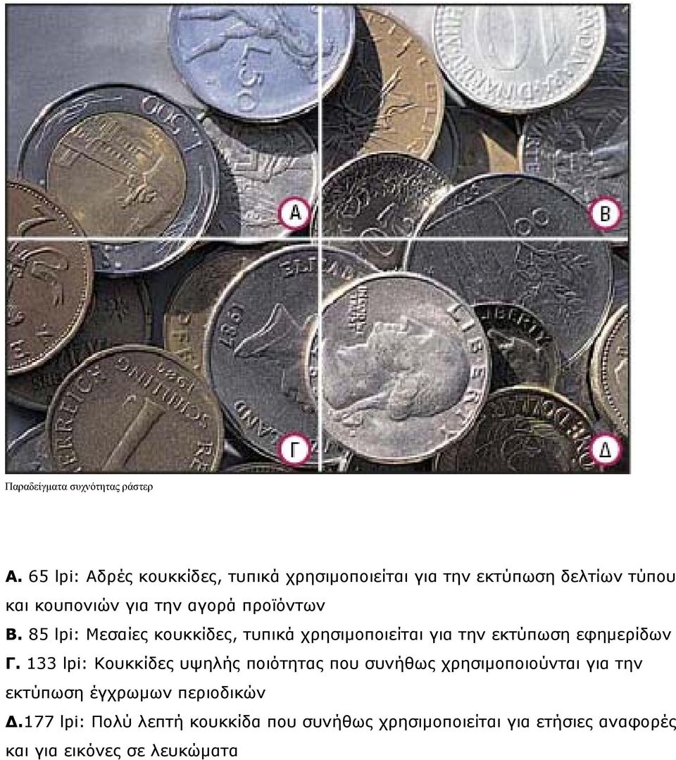 προϊόντων B. 85 lpi: Μεσαίες κουκκίδες, τυπικά χρησιμοποιείται για την εκτύπωση εφημερίδων Γ.