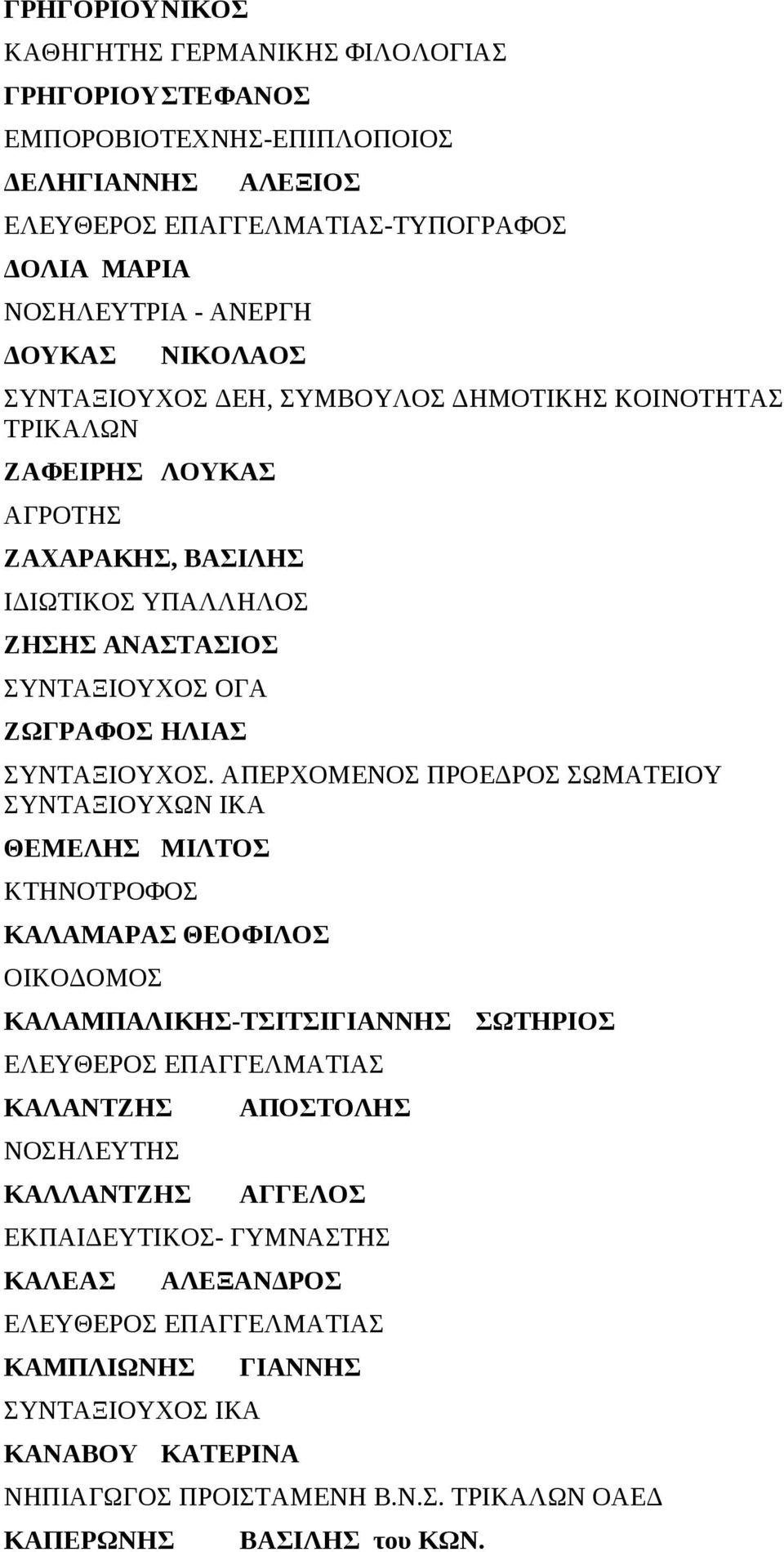 ΑΠΕΡΧΟΜΕΝΟΣ ΠΡΟΕΔΡΟΣ ΣΩΜΑΤΕΙΟΥ ΣΥΝΤΑΞΙΟΥΧΩΝ ΙΚΑ ΘΕΜΕΛΗΣ ΚΤΗΝΟΤΡΟΦΟΣ ΜΙΛΤΟΣ ΚΑΛΑΜΑΡΑΣ ΘΕΟΦΙΛΟΣ ΟΙΚΟΔΟΜΟΣ ΚΑΛΑΜΠΑΛΙΚΗΣ-ΤΣΙΤΣΙΓΙΑΝΝΗΣ ΕΛΕΥΘΕΡΟΣ ΕΠΑΓΓΕΛΜΑΤΙΑΣ ΚΑΛΑΝΤΖΗΣ ΝΟΣΗΛΕΥΤΗΣ ΚΑΛΛΑΝΤΖΗΣ