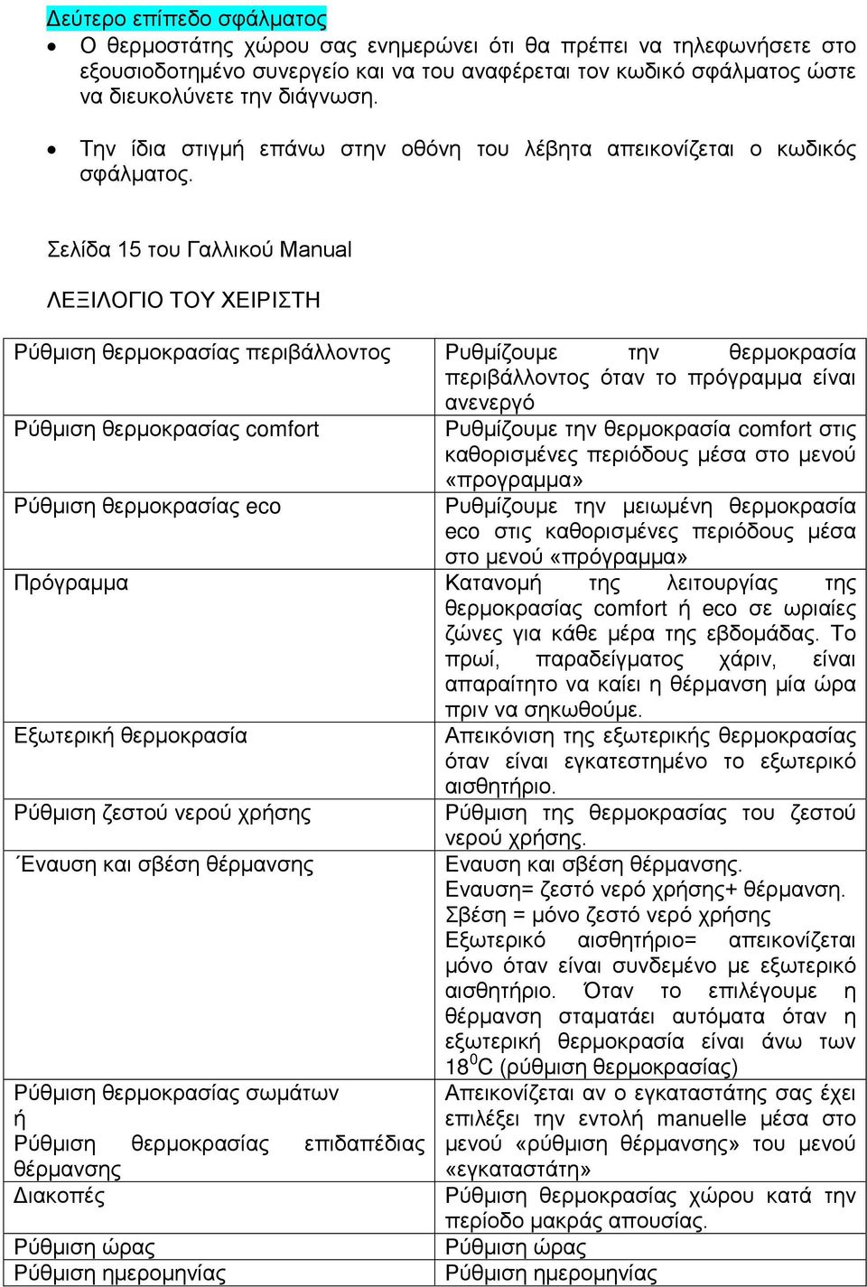 Σελίδα 15 του Γαλλικού Manual ΛΕΞΙΛΟΓΙΟ ΤΟΥ ΧΕΙΡΙΣΤΗ Ρύθμιση θερμοκρασίας περιβάλλοντος Ρυθμίζουμε την θερμοκρασία περιβάλλοντος όταν το πρόγραμμα είναι ανενεργό Ρύθμιση θερμοκρασίας comfort