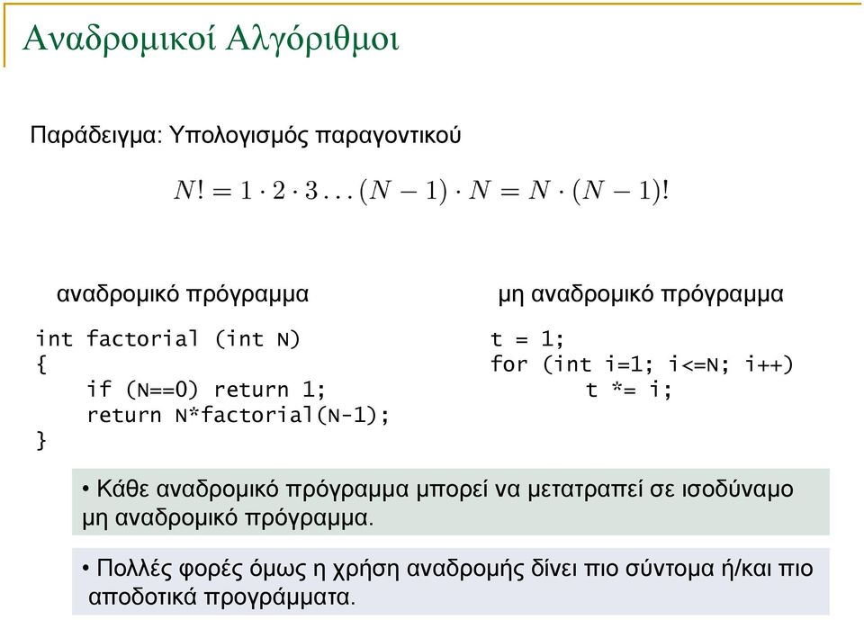 i++) t *= i; Κάθε αναδρομικό πρόγραμμα μπορεί να μετατραπεί σε ισοδύναμο μη αναδρομικό