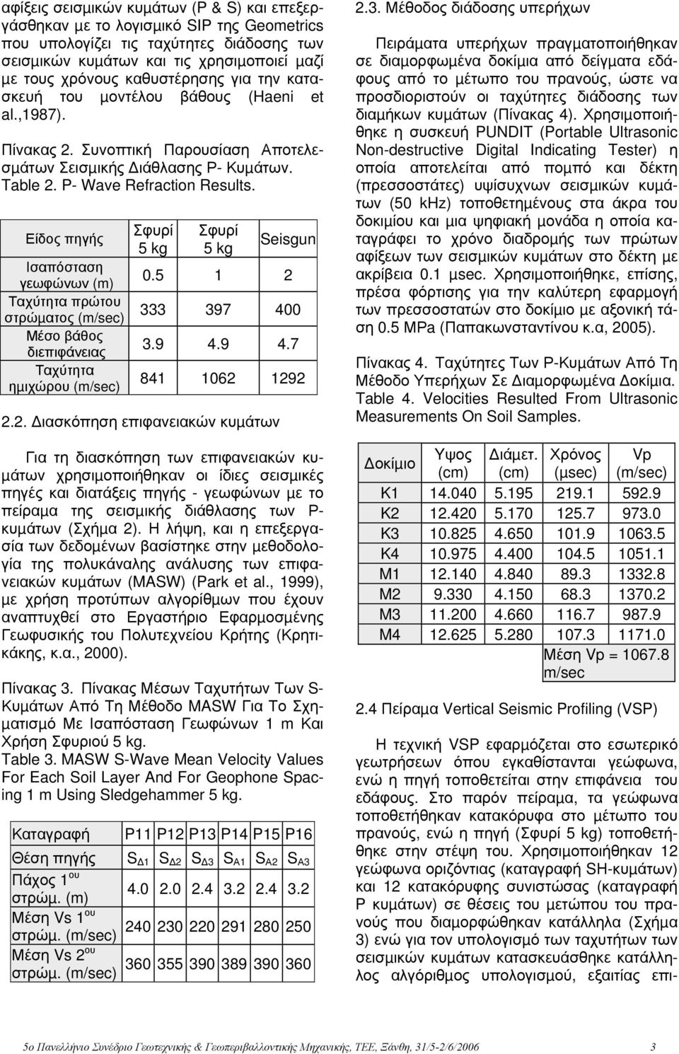 Είδος πηγής Iσαπόσταση γεωφώνων (m) Ταχύτητα πρώτου στρώµατος (m/sec) Μέσο βάθος διεπιφάνειας Ταχύτητα ηµιχώρου (m/sec).