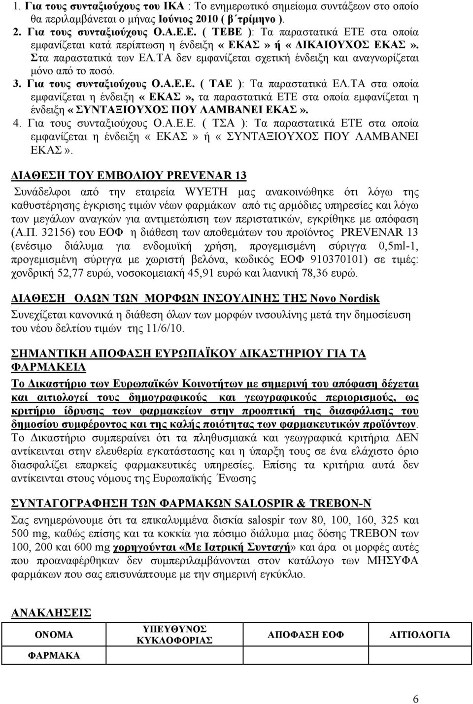 3. Για τους συνταξιούχους Ο.Α.Ε.Ε. ( ΤΑΕ ): Τα παραστατικά ΕΛ.ΤΑ στα οποία εμφανίζεται η ένδειξη «ΕΚΑΣ», τα παραστατικά ΕΤΕ στα οποία εμφανίζεται η ένδειξη «ΣΥΝΤΑΞΙΟΥΧΟΣ ΠΟΥ ΛΑΜΒΑΝΕΙ ΕΚΑΣ». 4.