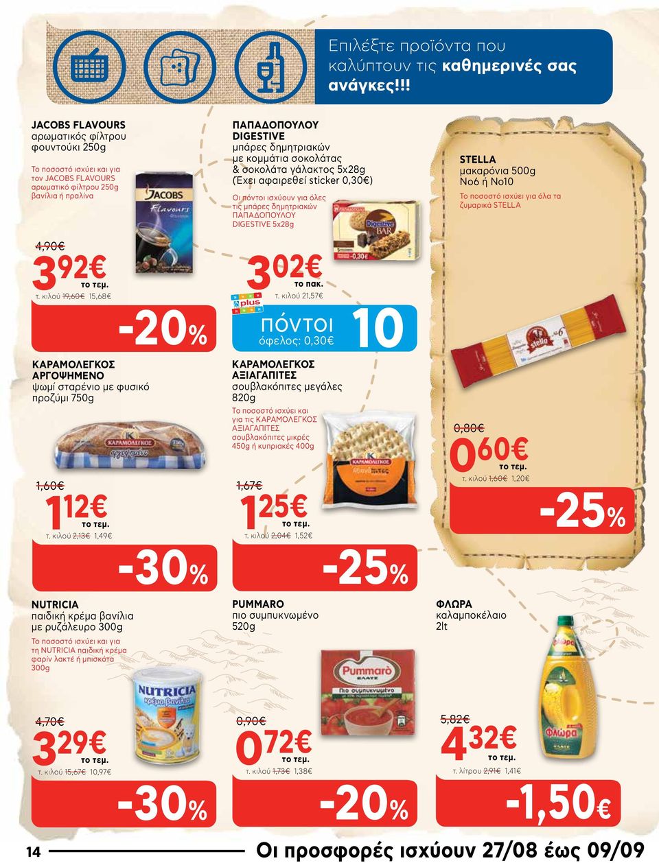 κιλού 19,60 15,68 ΠΑΠΑΔΟΠΟΥΛΟΥ DIGESTIVE μπάρες δημητριακών με κομμάτια σοκολάτας & σοκολάτα γάλακτος 5x28g (Έχει αφαιρεθεί sticker 0,30 ) Οι πόντοι ισχύουν για όλες τις μπάρες δημητριακών