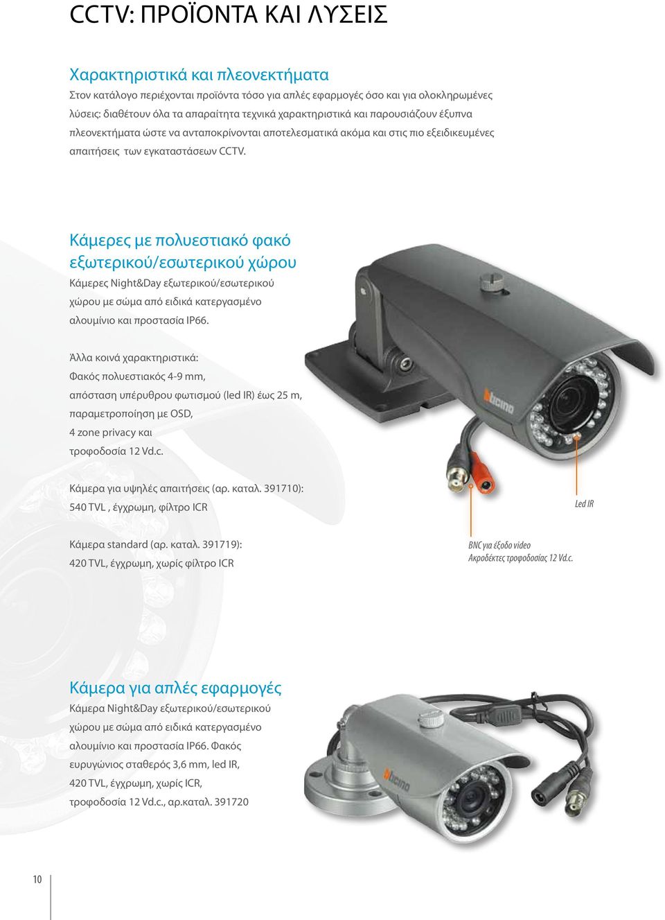 Κάµερες µε πολυεστιακό φακό εξωτερικού/εσωτερικού χώρου Κάµερες Night&Day εξωτερικού/εσωτερικού χώρου µε σώµα από ειδικά κατεργασµένο αλουµίνιο και προστασία IP66.