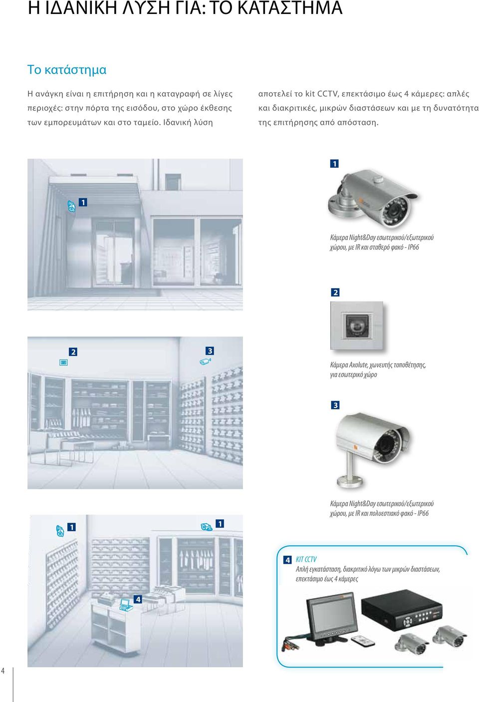 Ιδανική λύση αποτελεί το kit CCTV, επεκτάσιµο έως 4 κάµερες: απλές και διακριτικές, µικρών διαστάσεων και µε τη δυνατότητα της επιτήρησης από απόσταση.