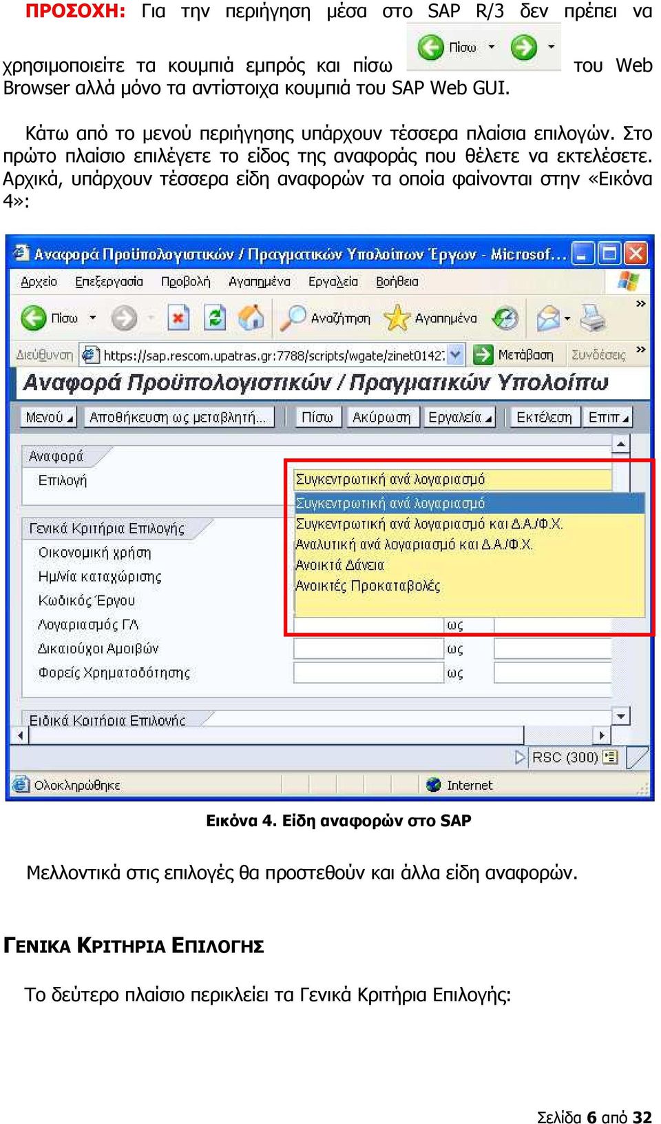 Στο πρώτο πλαίσιο επιλέγετε το είδος της αναφοράς που θέλετε να εκτελέσετε.