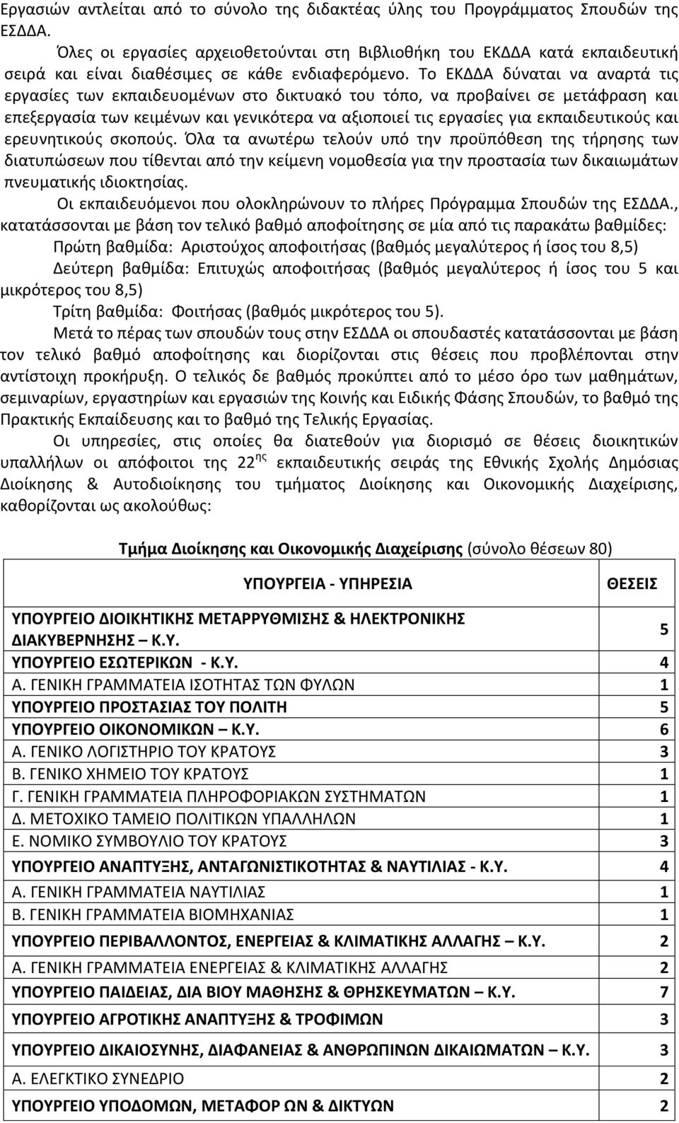 Το ΕΚΔΔΑ δύναται να αναρτά τις εργασίες των εκπαιδευομένων στο δικτυακό του τόπο, να προβαίνει σε μετάφραση και επεξεργασία των κειμένων και γενικότερα να αξιοποιεί τις εργασίες για εκπαιδευτικούς