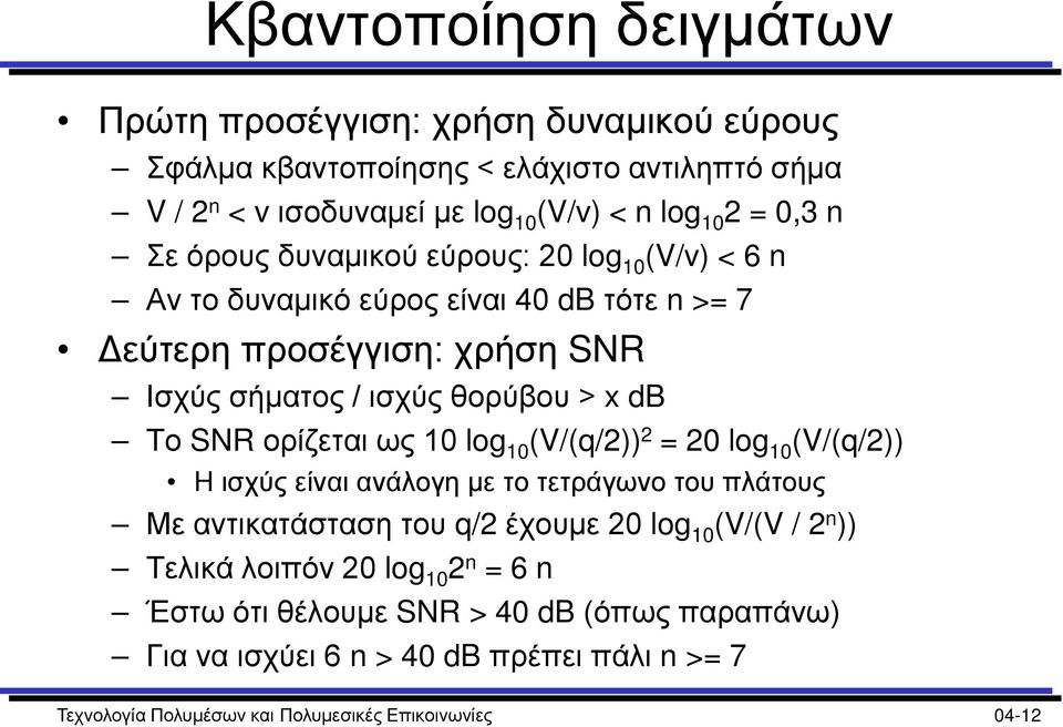 ορίζεται ως 10 log 10 (V/(q/2)) 2 = 20 log 10 (V/(q/2)) Η ισχύς είναι ανάλογη με το τετράγωνο του πλάτους Με αντικατάσταση του q/2 έχουμε 20 log 10 (V/(V / 2 n )) Τελικά