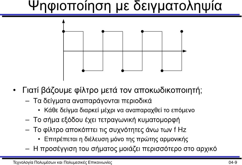 κυματομορφή Το φίλτρο αποκόπτει τις συχνότητες άνω των f Hz Επιτρέπεται η διέλευση μόνο της πρώτης