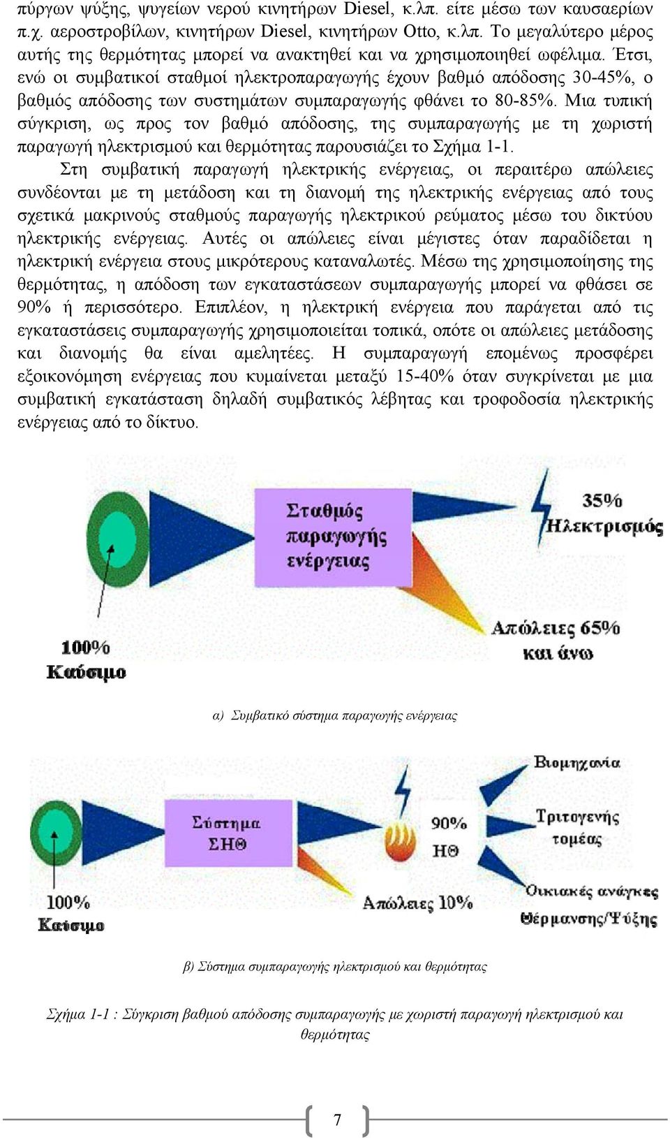 Μια τυπική σύγκριση, ως προς τον βαθμό απόδοσης, της συμπαραγωγής με τη χωριστή παραγωγή ηλεκτρισμού και θερμότητας παρουσιάζει το Σχήμα 1-1.