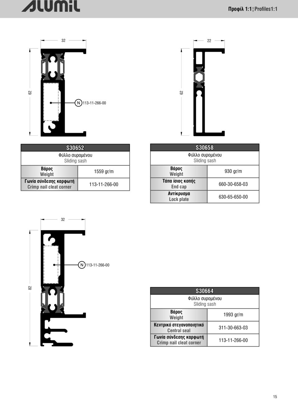 συρομένου Sliding sash 930 gr/m 660-30-658-03 630-65-650-00 32 113-11-266-00 82 ÂÜñïò Weight Κεντρικό στεγανοποιητικό