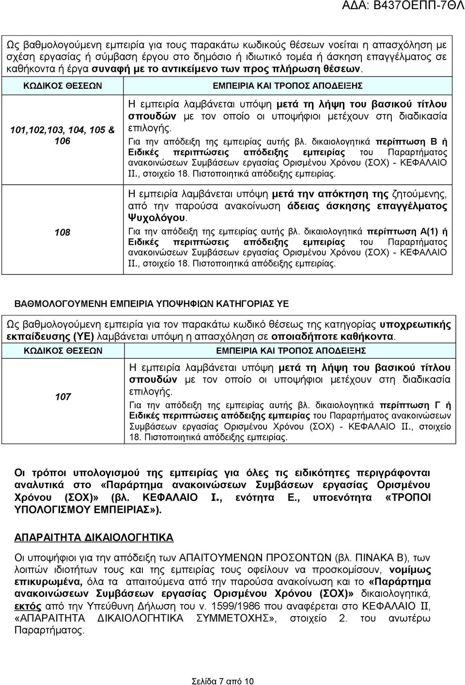 ΚΩΔΙΚΟΣ ΘΕΣΕΩΝ 0,02,03, 04, 05 & 06 08 ΕΜΠΕΙΡΙΑ ΚΑΙ ΤΡΟΠΟΣ ΑΠΟΔΕΙΞΗΣ Η εμπειρία λαμβάνεται υπόψη μετά τη λήψη του βασικού τίτλου σπουδών με τον οποίο οι υποψήφιοι μετέχουν στη διαδικασία επιλογής.