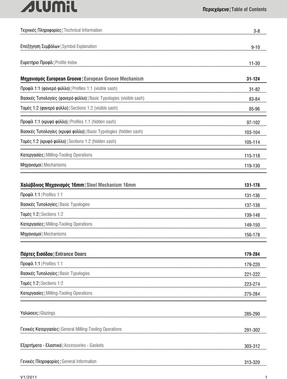 85-96 Προφίλ 1:1 (κρυφό φύλλο) Profiles 1:1 (hidden sash) 97-102 Βασικές Τυπολογίες (κρυφό φύλλο) Basic Typologies (hidden sash) 103-10 Τομές 1:2 (κρυφό φύλλο) Sections 1:2 (hidden sash) 105-11