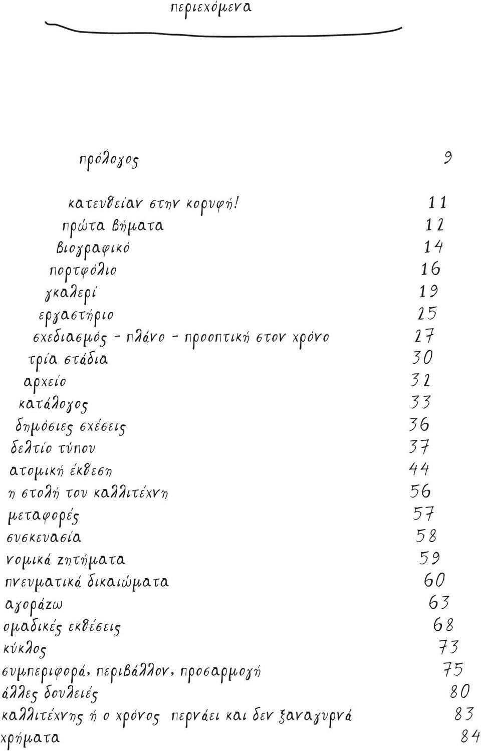 30 αρχείο 32 κατάλογος 33 δημόσιες σχέσεις 36 δελτίο τύπου 37 ατομική έκθεση 44 η στολή του καλλιτέχνη 56 μεταφορές 57 συσκευασία