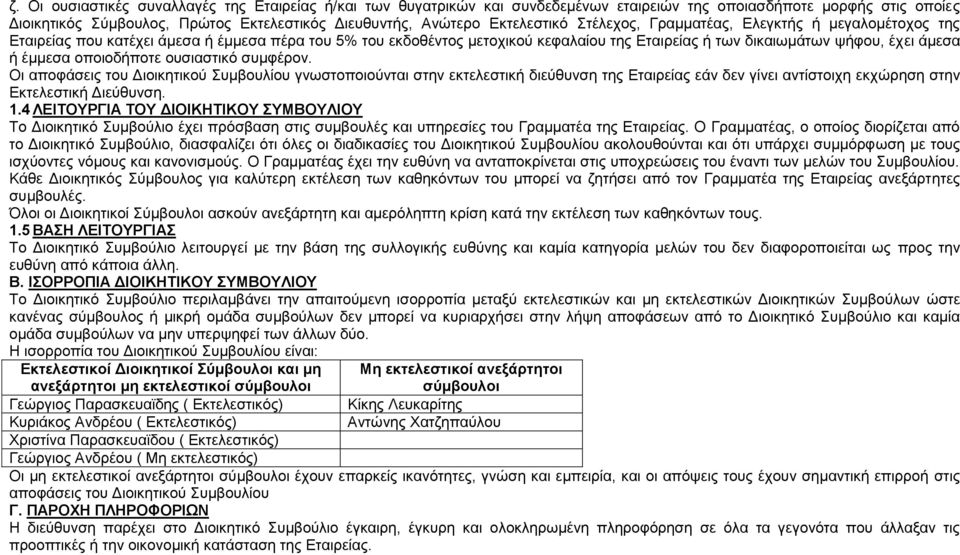 έμμεσα οποιοδήποτε ουσιαστικό συμφέρον. Οι αποφάσεις του Διοικητικού Συμβουλίου γνωστοποιούνται στην εκτελεστική διεύθυνση της Εταιρείας εάν δεν γίνει αντίστοιχη εκχώρηση στην Εκτελεστική Διεύθυνση.