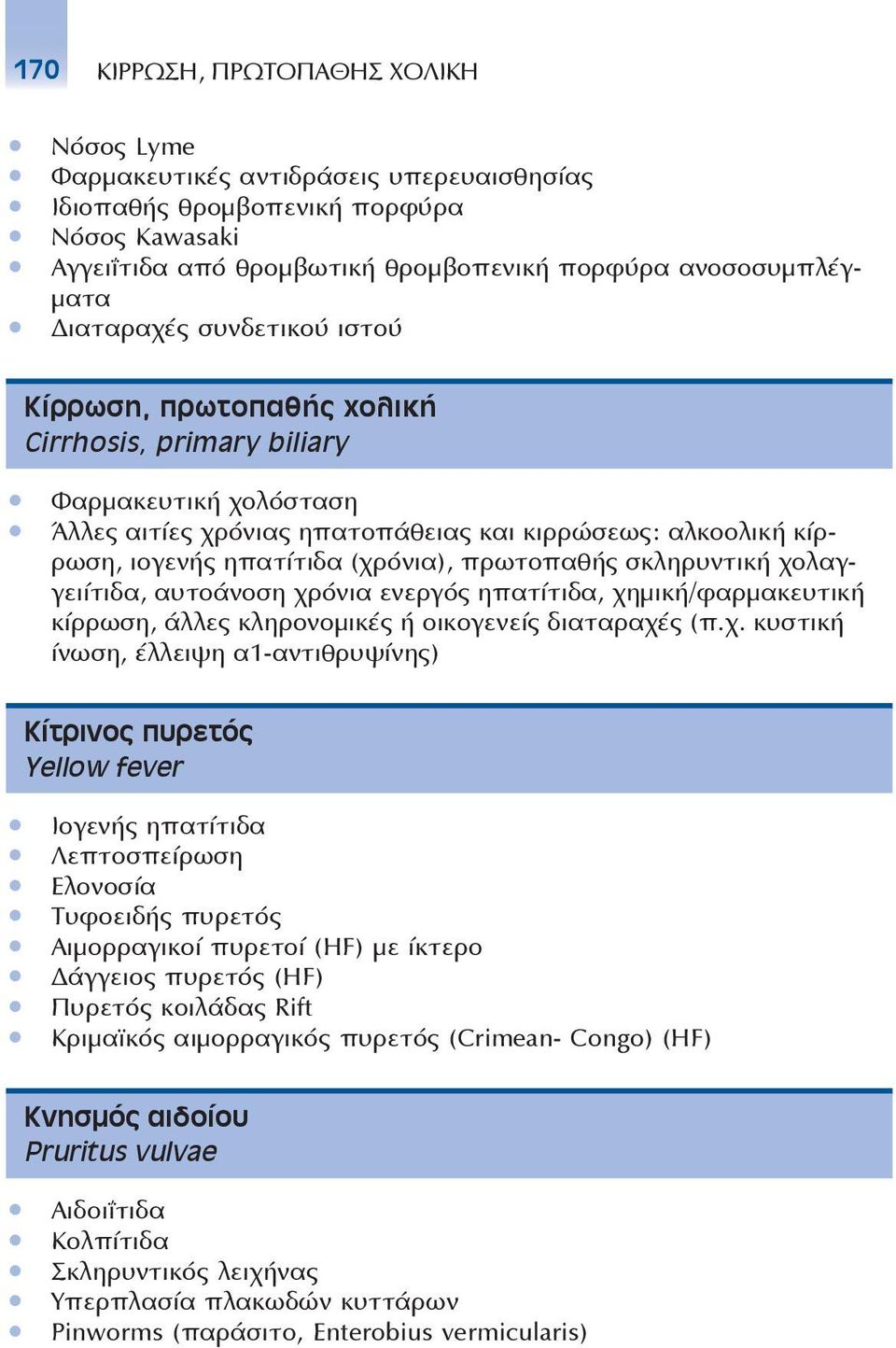 (χρόνια), πρωτοπαθής σκληρυντική χολαγγειίτιδα, αυτοάνοση χρόνια ενεργός ηπατίτιδα, χημική/φαρμακευτική κίρρωση, άλλες κληρονομικές ή οικογενείς διαταραχές (π.χ. κυστική ίνωση, έλλειψη