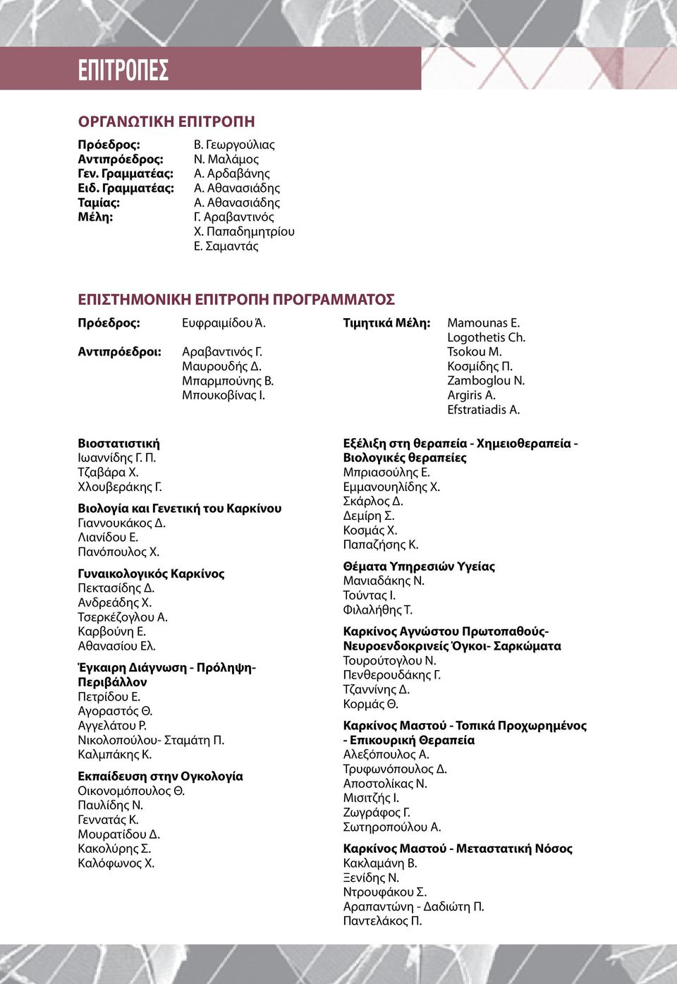 tsokou M. Κοσμίδης Π. Zamboglou n. Argiris A. Efstratiadis A. Βιοστατιστική Ιωαννίδης Γ. Π. Τζαβάρα Χ. Χλουβεράκης Γ. Βιολογία και Γενετική του καρκίνου Γιαννουκάκος Δ. Λιανίδου Ε. Πανόπουλος Χ.