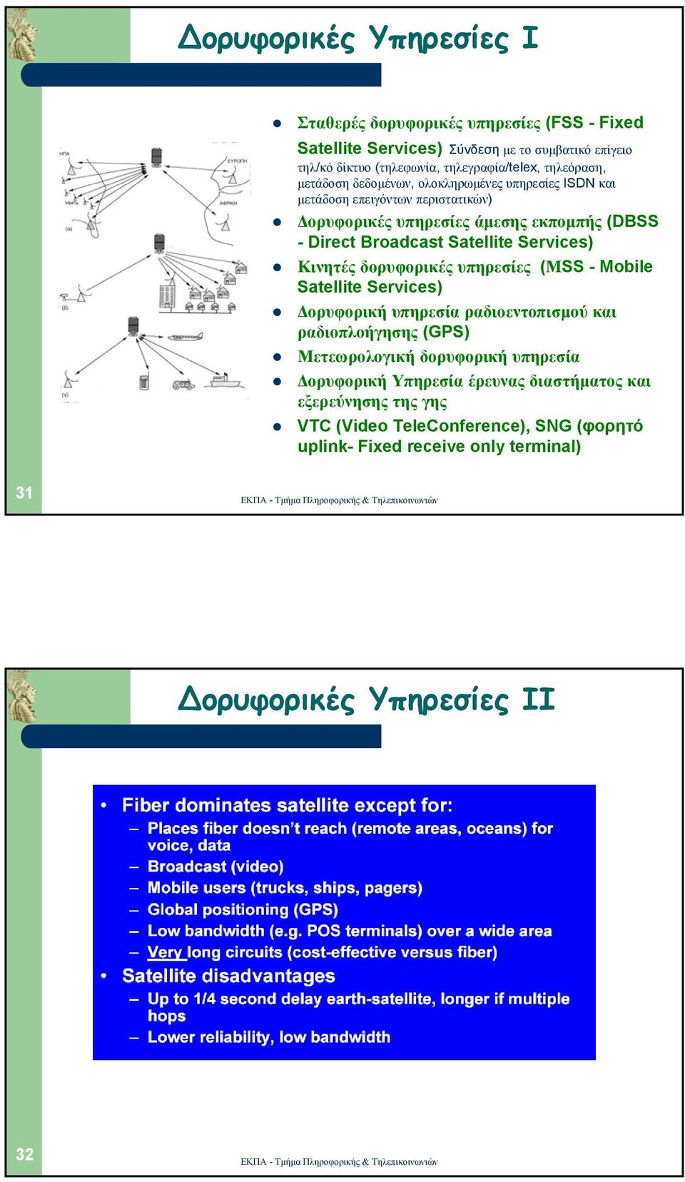 Satellite Services) Κινητές δορυφορικές υπηρεσίες (ΜSS - Mobile Satellite Services) ορυφορική υπηρεσία ραδιοεντοπισµού και ραδιοπλοήγησης (GPS) Μετεωρολογική