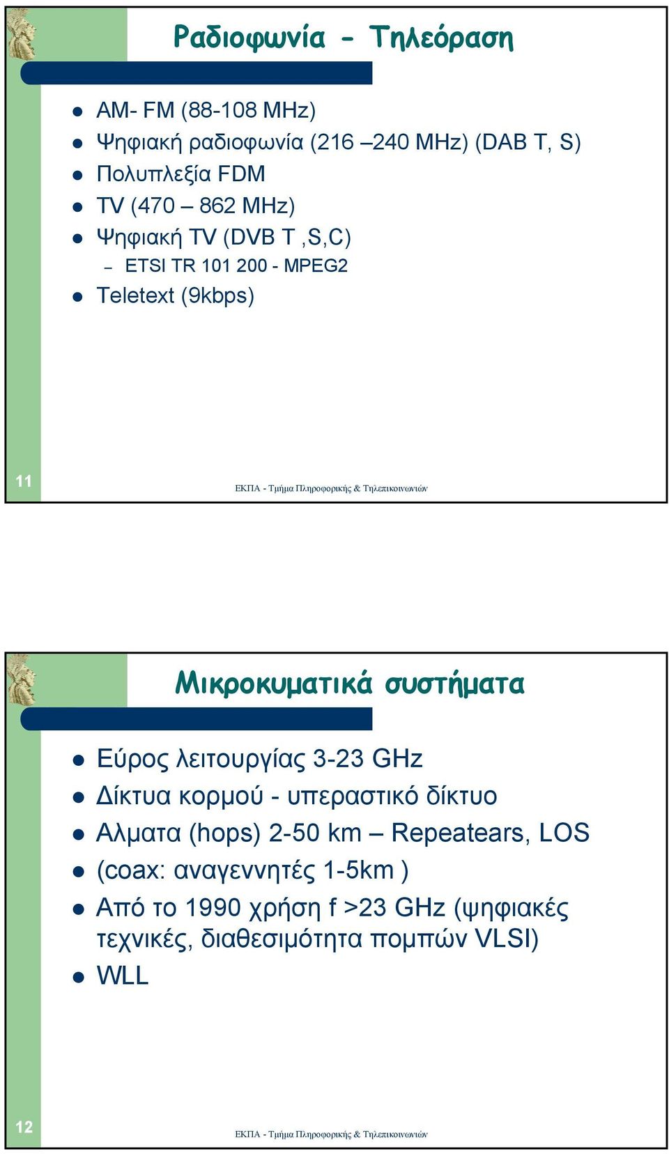 συστήµατα Εύρος λειτουργίας 3-23 GHz ίκτυα κορµού - υπεραστικό δίκτυο Αλµατα (hops) 2-50 km Repeatears,