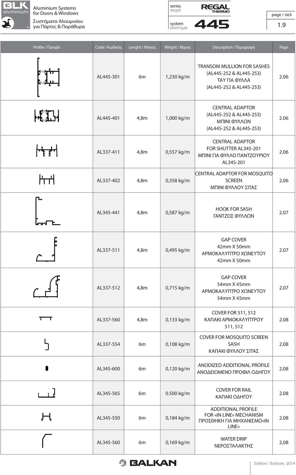 06 AL445-401 4,8m 1,000 kg/m AL337-411 4,8m 0,557 kg/m AL337-402 4,8m 0,358 kg/m CENTRAL ADAPTOR ( & AL445-253) ΜΠΙΝΙ ΦΥΛΛΩΝ ( & AL445-253) CENTRAL ADAPTOR FOR SHUTTER AL345-201 ΜΠΙΝΙ ΓΙΑ ΦΥΛΛΟ