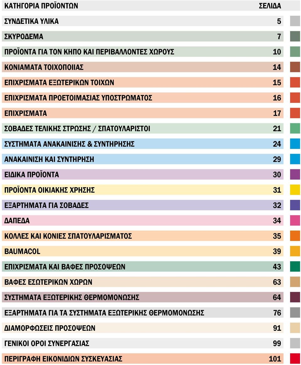 ΠΡΟΪΟΝΤΑ ΟΙΚΙΑΚΗΣ ΧΡΗΣΗΣ 31 ΕΞΑΡΤΗΜΑΤΑ ΓΙΑ ΣΟΒΑΔΕΣ 32 ΔΑΠΕΔΑ 34 ΚΟΛΛΕΣ ΚΑΙ KONIEΣ ΣΠΑΤΟΥΛΑΡΙΣΜΑΤΟΣ 35 BAUMACOL 39 ΕΠΙΧΡΙΣΜΑΤΑ ΚΑΙ ΒΑΦΕΣ ΠΡΟΣΟΨΕΩΝ 43 ΒΑΦΕΣ ΕΣΩΤΕΡΙΚΩΝ ΧΩΡΩΝ 63