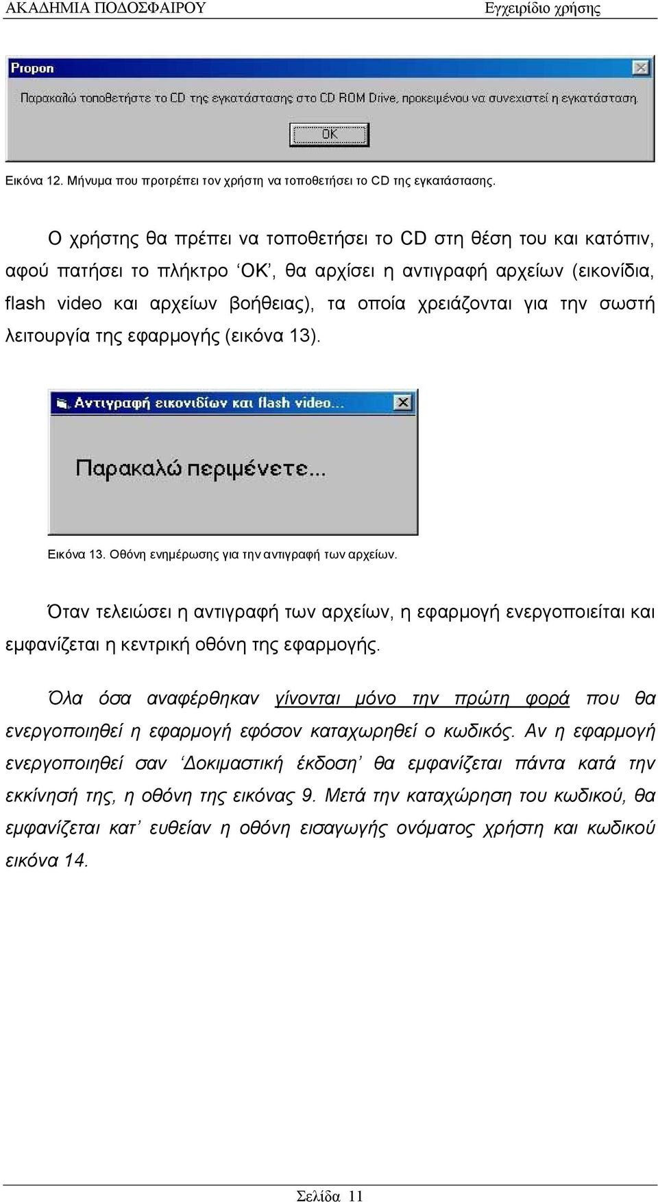 την σωστή λειτουργία της εφαρμογής (εικόνα 13). Εικόνα 13. Οθόνη ενημέρωσης για την αντιγραφή των αρχείων.