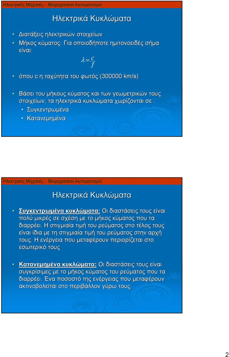 μήκος κύματος που τα διαρρέει. Η στιγμιαία τιμή του ρεύματος στο τέλος τους είναι ίδια με τη στιγμιαία τιμή του ρεύματος στην αρχή τους.