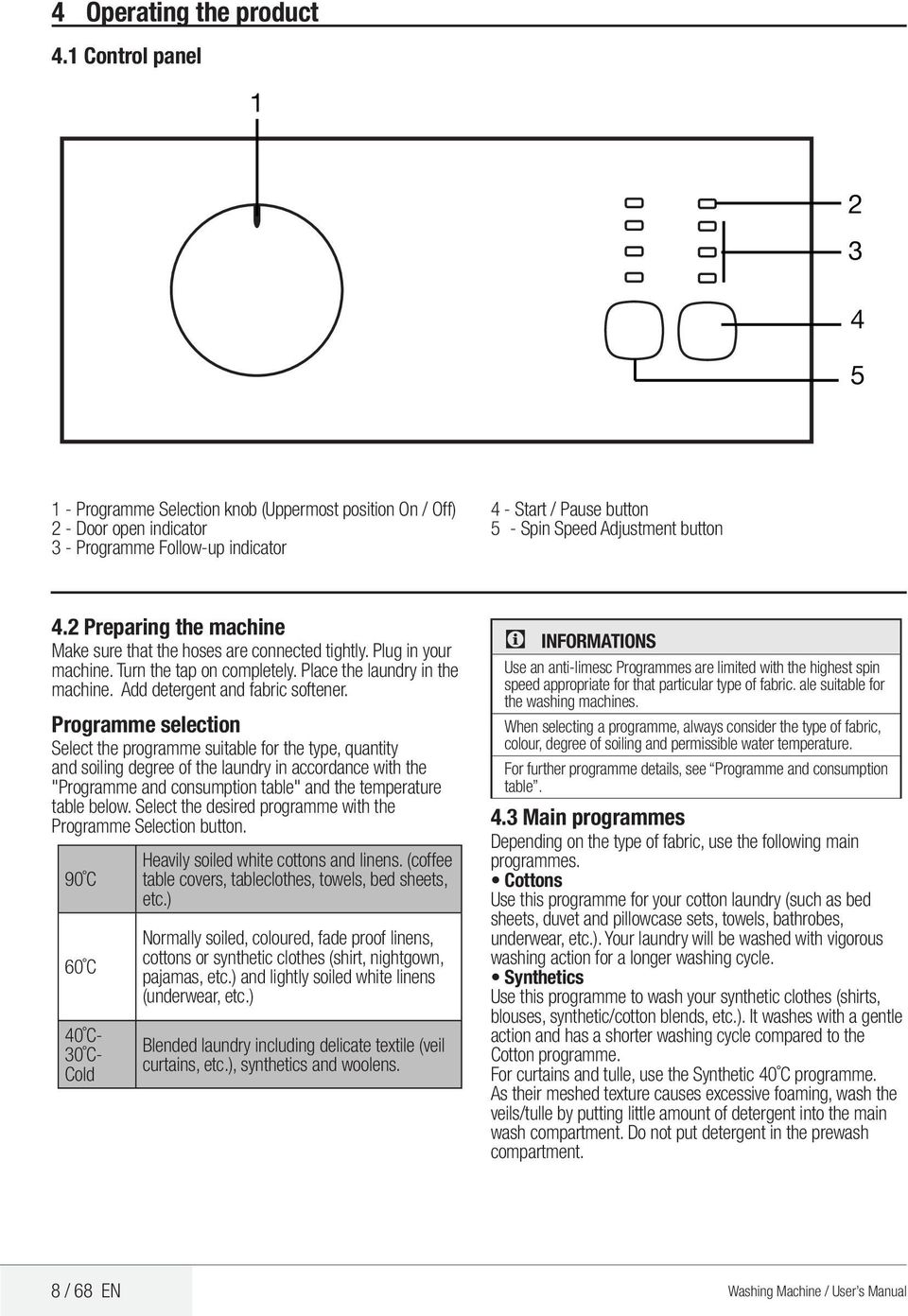 button 4.2 Preparing the machine Make sure that the hoses are connected tightly. Plug in your machine. Turn the tap on completely. Place the laundry in the machine. Add detergent and fabric softener.