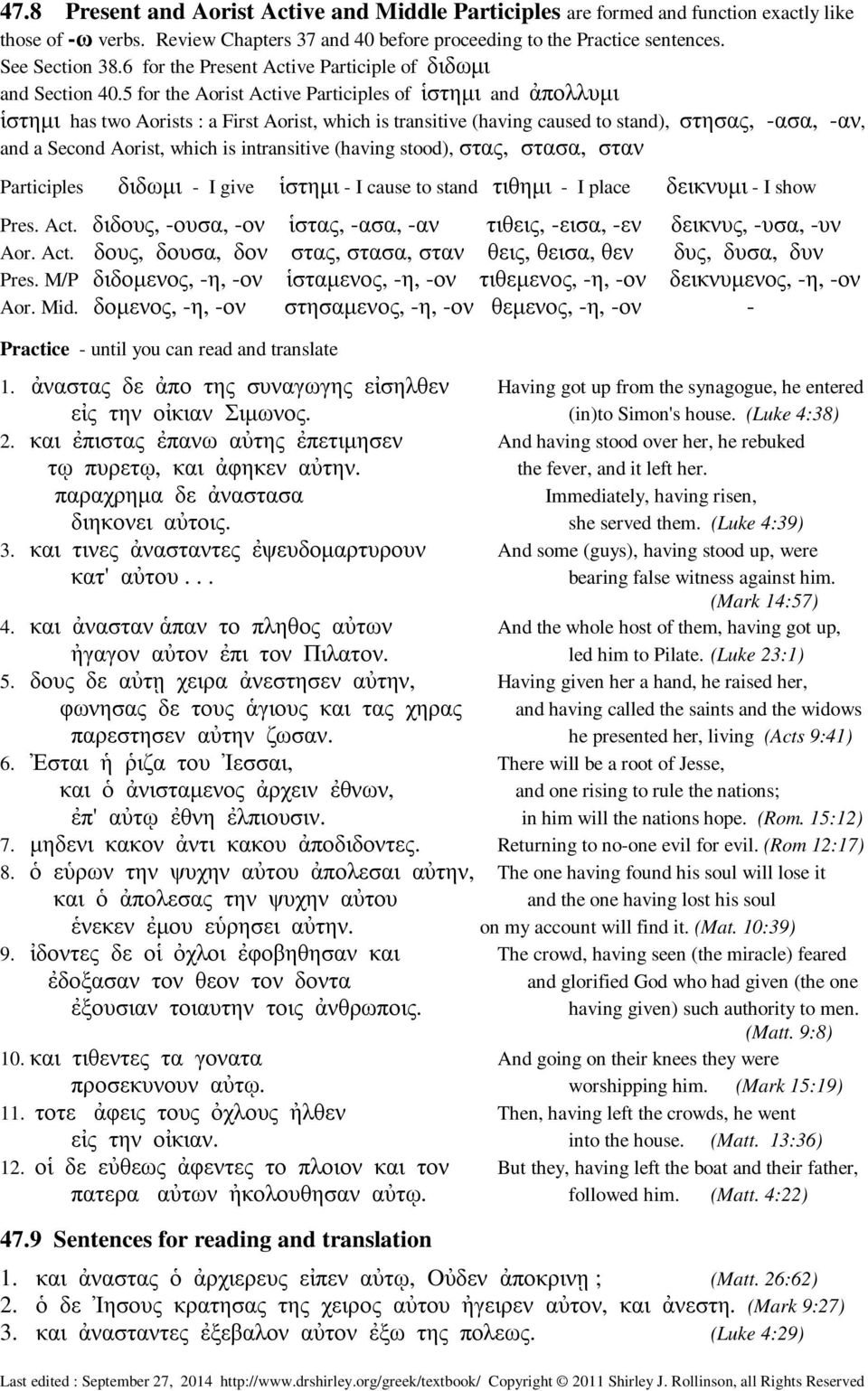 5 for the Aorist Active Participles of ἱστηµι and ἀπολλυµι ἱστηµι has two Aorists : a First Aorist, which is transitive (having caused to stand), στησας, -ασα, -αν, and a Second Aorist, which is