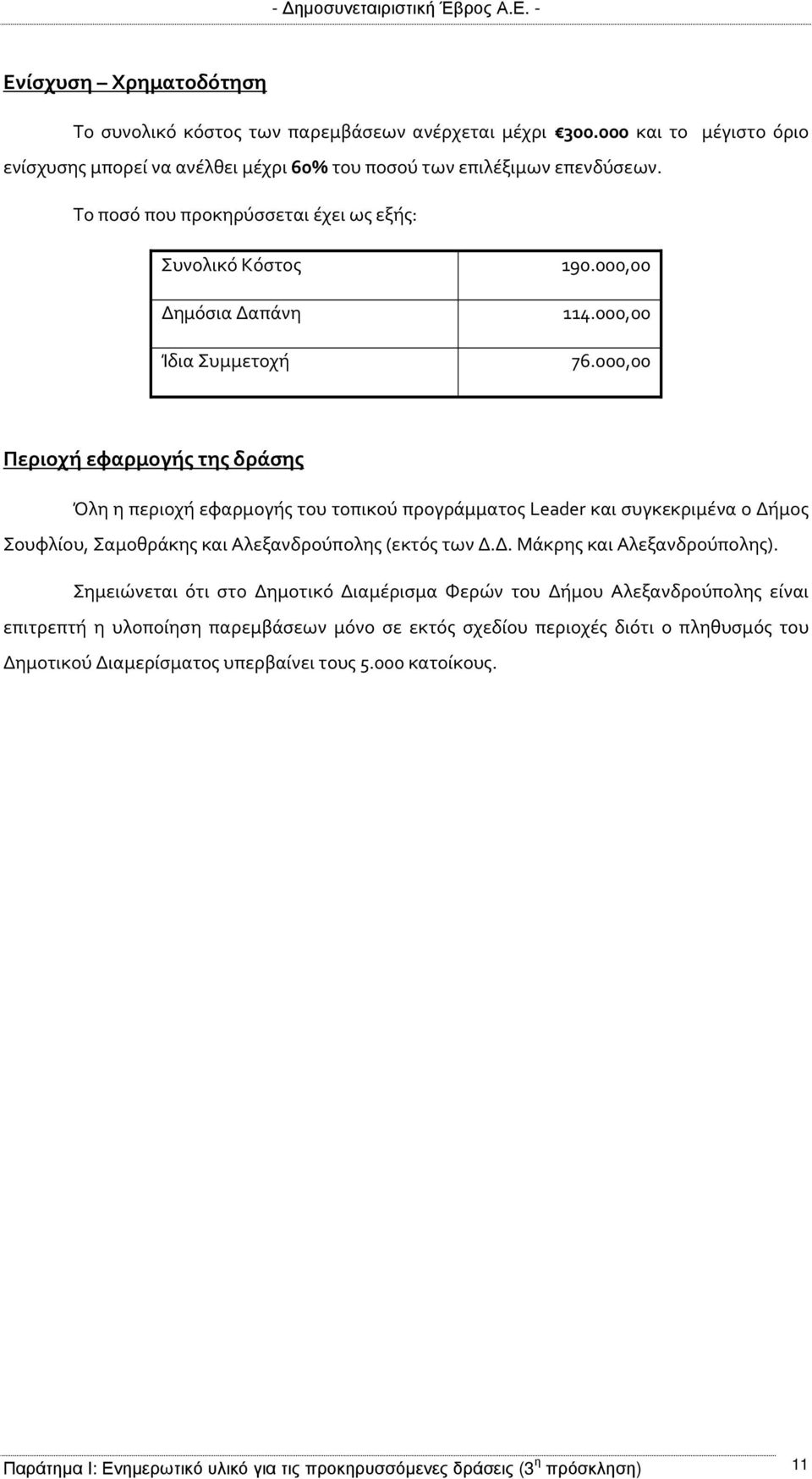 000,00 Περιοχή εφαρμογής της δράσης Όλη η περιοχή εφαρμογής του τοπικού προγράμματος Leader και συγκεκριμένα ο Δήμος Σουφλίου, Σαμοθράκης και Αλεξανδρούπολης (εκτός των Δ.Δ. Μάκρης και Αλεξανδρούπολης).