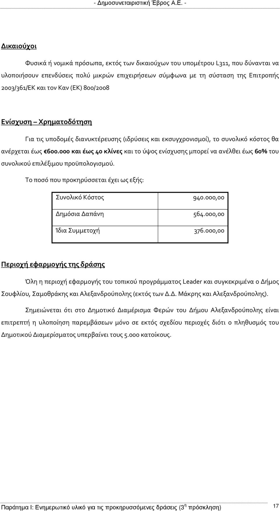 000 και έως 40 κλίνες και το ύψος ενίσχυσης μπορεί να ανέλθει έως 60% του συνολικού επιλέξιμου προϋπολογισμού. Το ποσό που προκηρύσσεται έχει ως εξής: Συνολικό Κόστος 940.000,00 Δημόσια Δαπάνη 564.