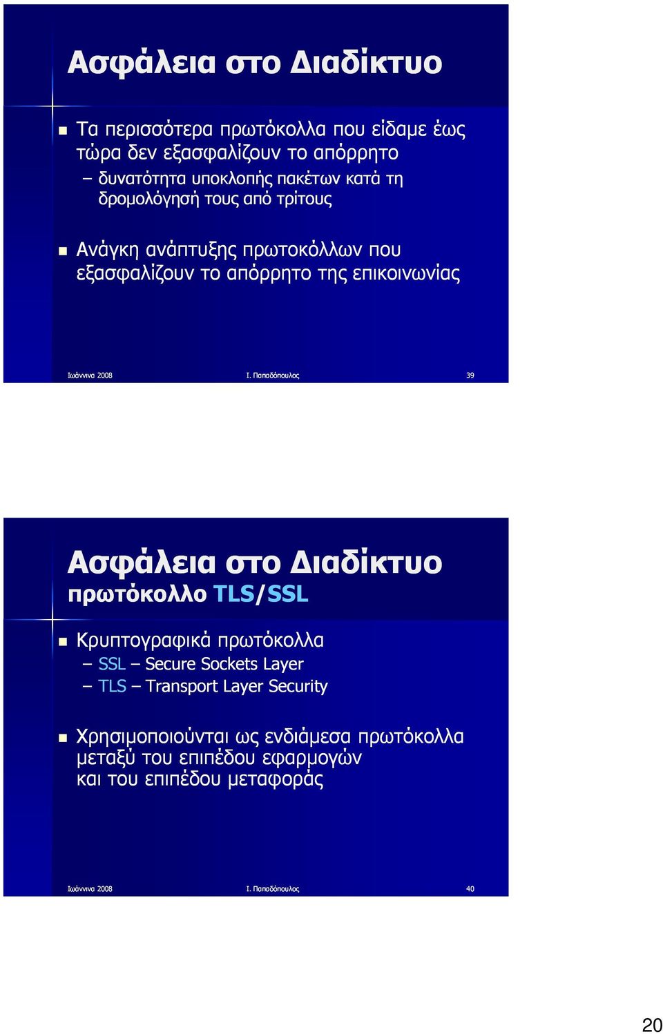 Παπαδόπουλος 39 Ασφάλεια στο Διαδίκτυο πρωτόκολλο TLS/SSLSSL Κρυπτογραφικά πρωτόκολλα SSL Secure Sockets Layer TLS Transport