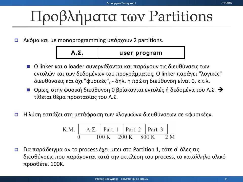 Ο linker παράγει "λογικές" διευθύνσεις και όχι "φυσικές", - δηλ. η πρώτη διεύθυνση είναι 0, κ.τ.λ. Ομως, στην φυσική διεύθυνση 0 βρίσκονται εντολές ή δεδομένα του Λ.