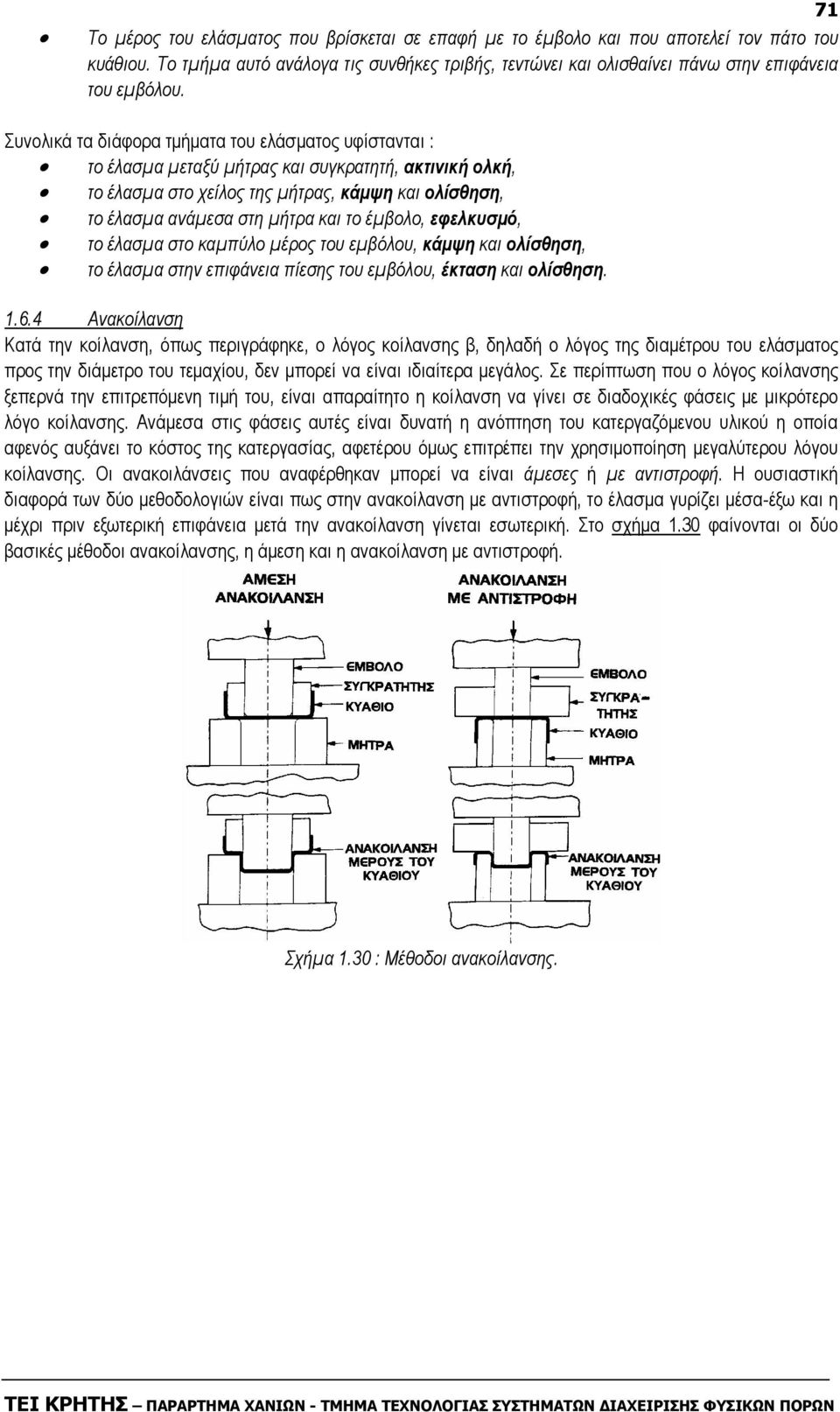 έµβολο, εφελκυσµό, το έλασµα στο καµπύλο µέρος του εµβόλου, κάµψη και ολίσθηση, το έλασµα στην επιφάνεια πίεσης του εµβόλου, έκταση και ολίσθηση. 1.6.