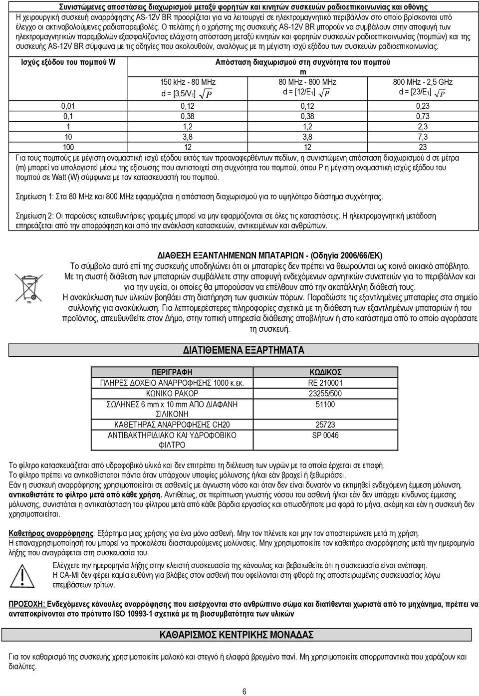 Ο πελάτης ή ο χρήστης της συσκευής AS-12V BR μπορούν να συμβάλουν στην αποφυγή των ηλεκτρομαγνητικών παρεμβολών εξασφαλίζοντας ελάχιστη απόσταση μεταξύ κινητών και φορητών συσκευών ραδιοεπικοινωνίας