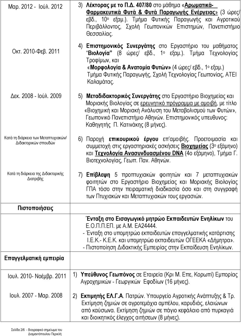 2008 3) Λέκτορας με το Π.Δ. 407/80 στο μάθημα «Αρωματικά- Φαρμακευτικά Φυτά & Φυτά Παραγωγής Ενέργειας» (3 ώρες/ εβδ., 10 ο εξαμ.). Τμήμα Φυτικής Παραγωγής και Αγροτικού Περιβάλλοντος, Σχολή Γεωπονικών Επιστημών, Πανεπιστήμιο Θεσσαλίας.