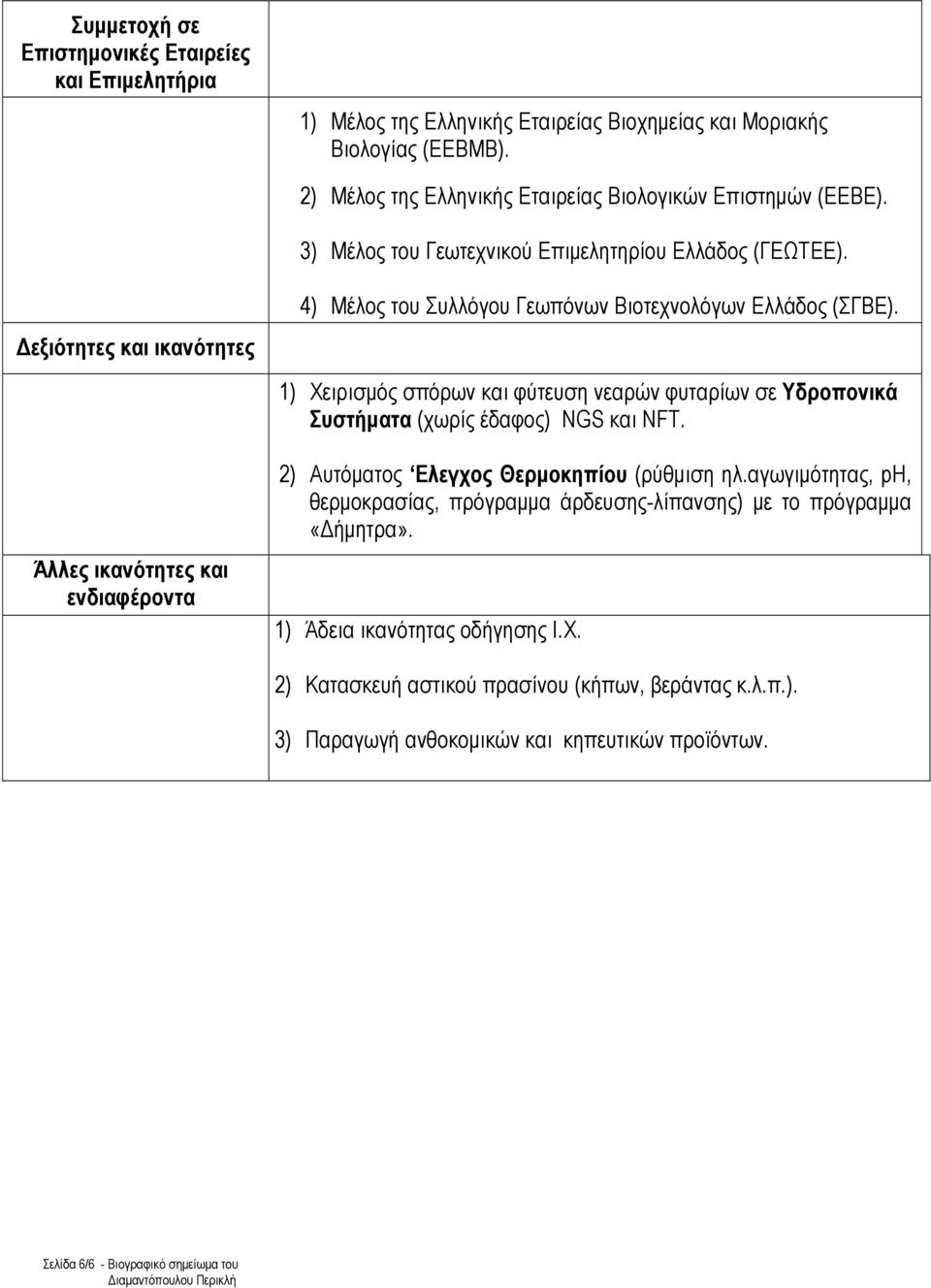 1) Χειρισμός σπόρων και φύτευση νεαρών φυταρίων σε Υδροπονικά Συστήματα (χωρίς έδαφος) NGS και NFT. Άλλες ικανότητες και ενδιαφέροντα 2) Αυτόματος Eλεγχος Θερμοκηπίου (ρύθμιση ηλ.